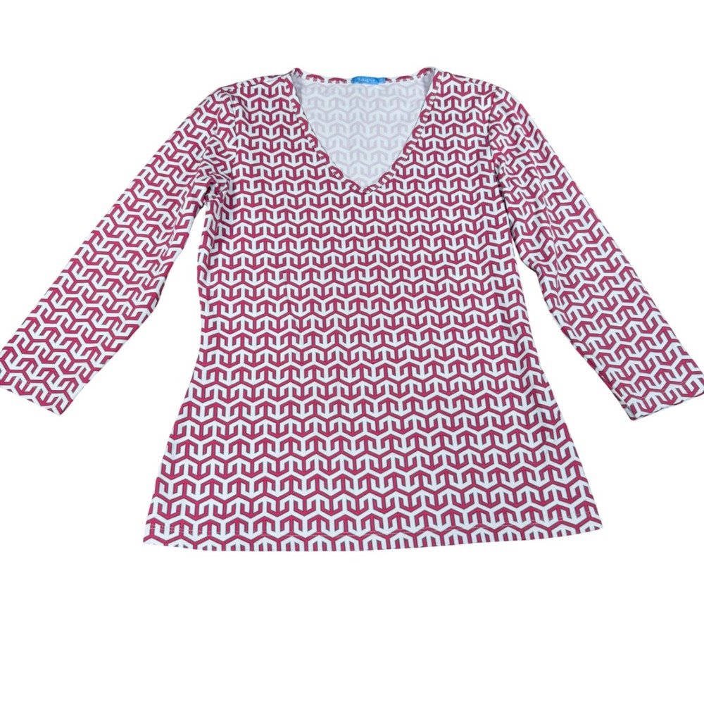 J.McLaughlin Catalina Cloth V-Neck Top Pink White Geometric XS Long Sleeve
